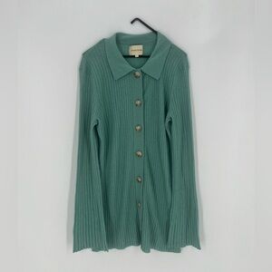 Loulou Studio Biola Ribbed Knit Longline Polo Sweater Top Cardigan In Green